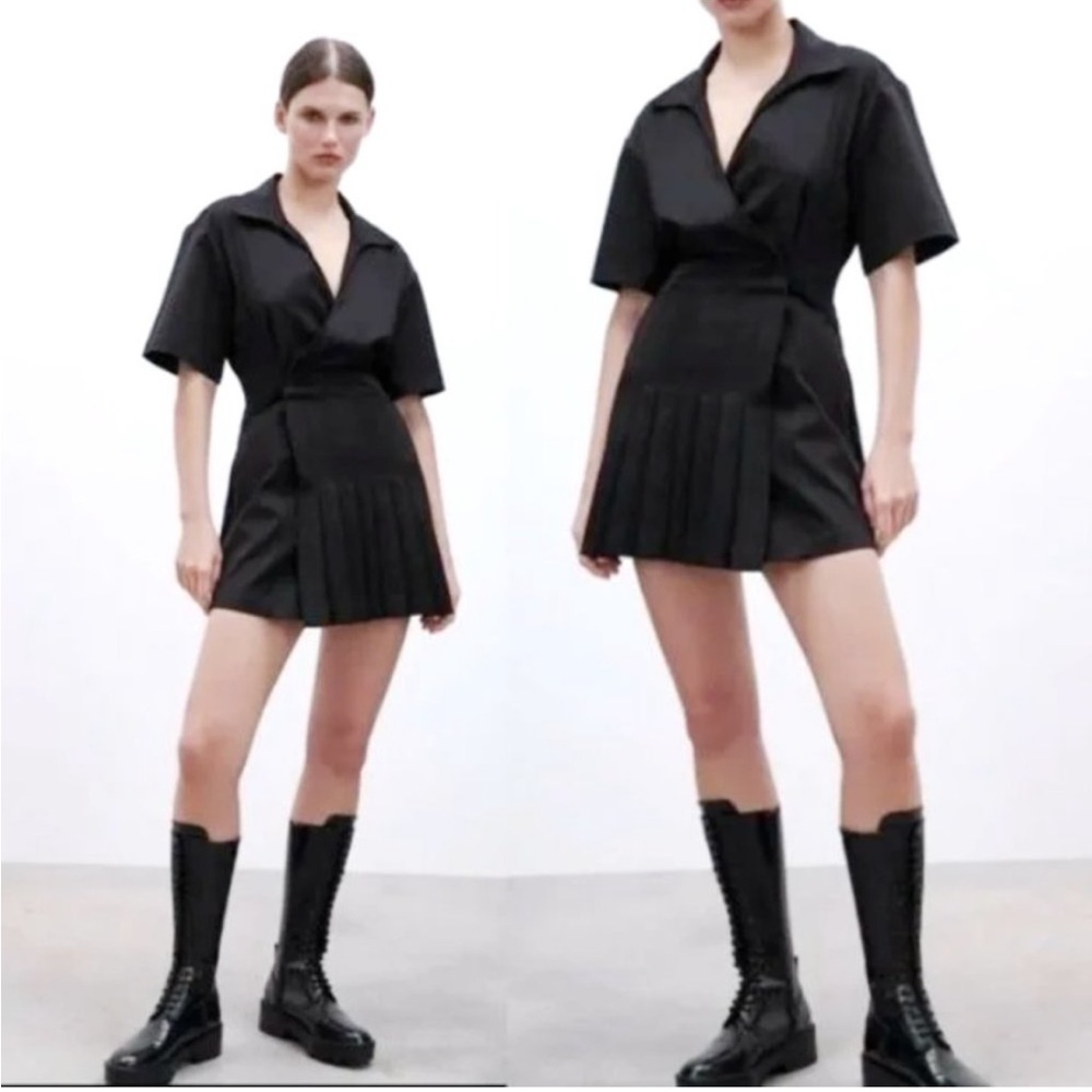 Zara Stretch Poplin Wrap Pleated Mini Dress - Picture 2 of 3